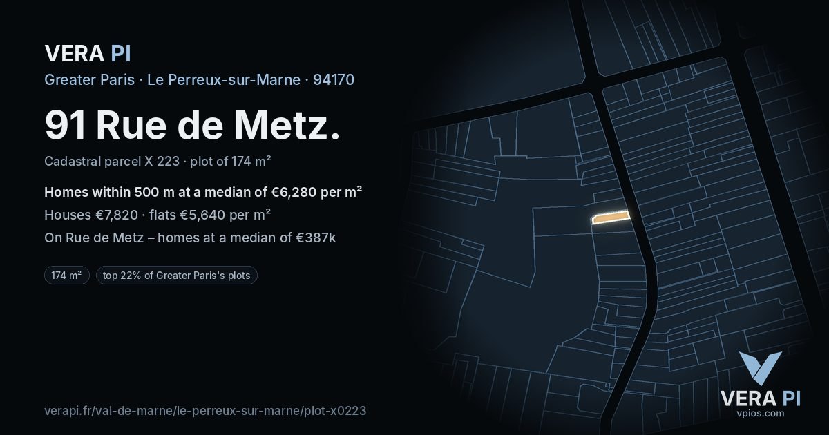 91 Rue de Metz, Le Perreux-sur-Marne at night – the plot lit, the parcels around coloured by the prices near them