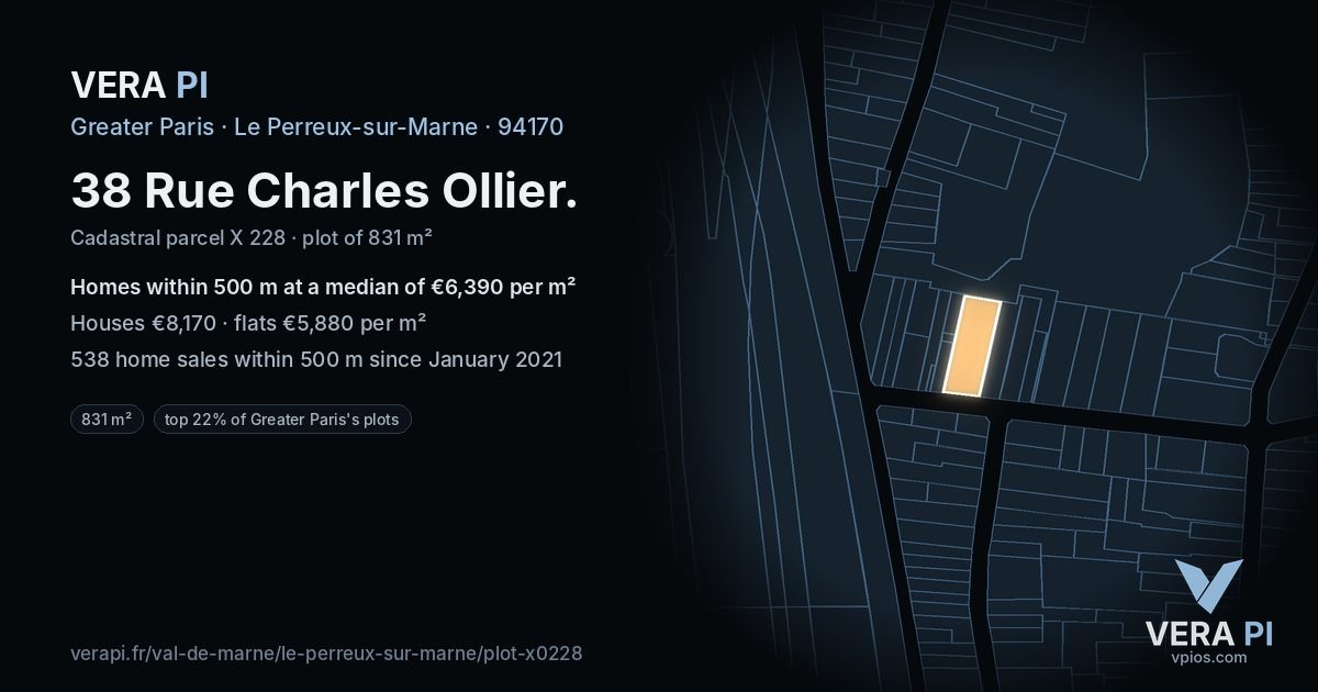 38 Rue Charles Ollier, Le Perreux-sur-Marne at night – the plot lit, the parcels around coloured by the prices near them