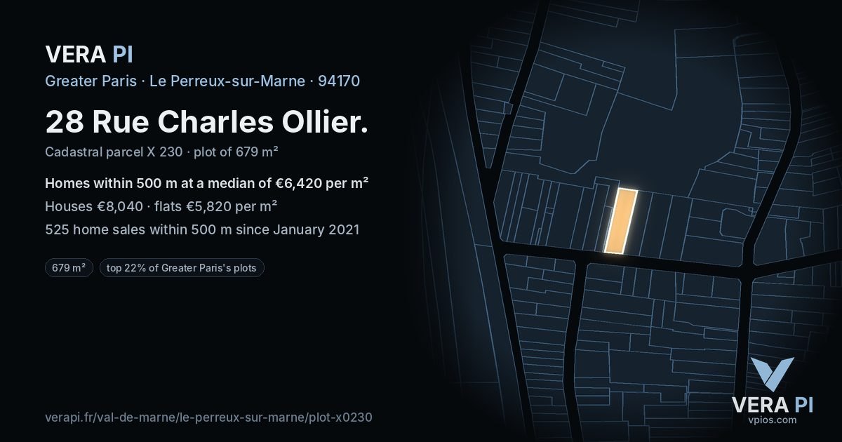 28 Rue Charles Ollier, Le Perreux-sur-Marne at night – the plot lit, the parcels around coloured by the prices near them