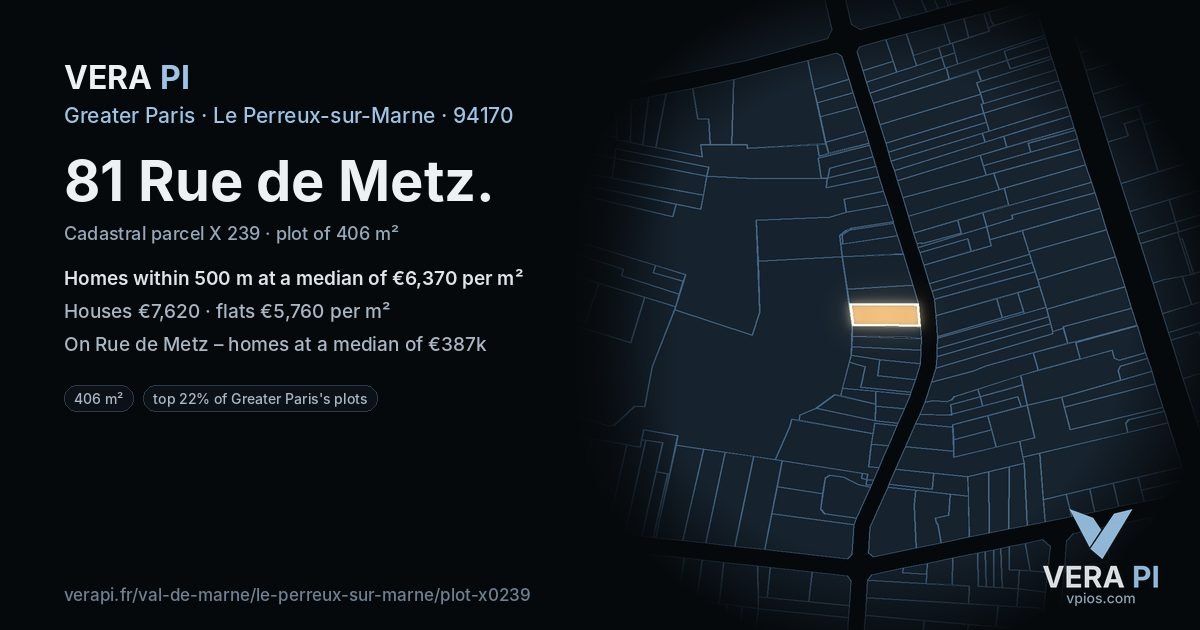 81 Rue de Metz, Le Perreux-sur-Marne at night – the plot lit, the parcels around coloured by the prices near them