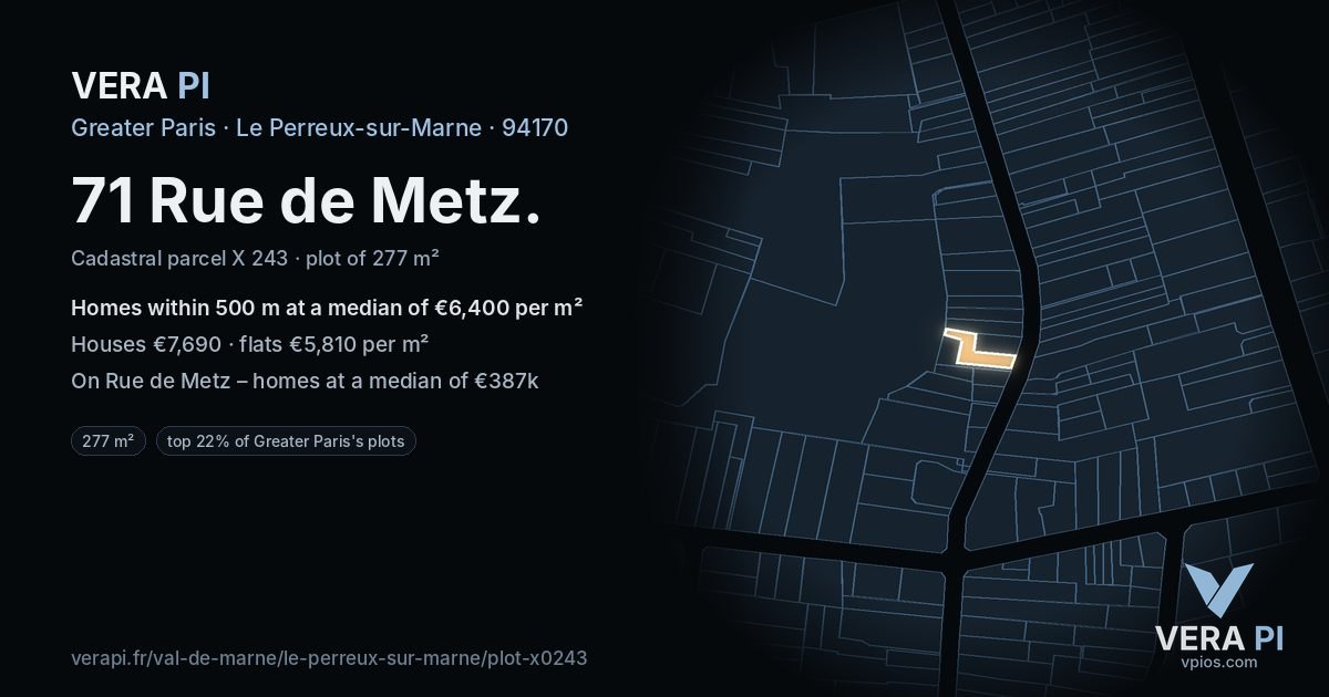 71 Rue de Metz, Le Perreux-sur-Marne at night – the plot lit, the parcels around coloured by the prices near them