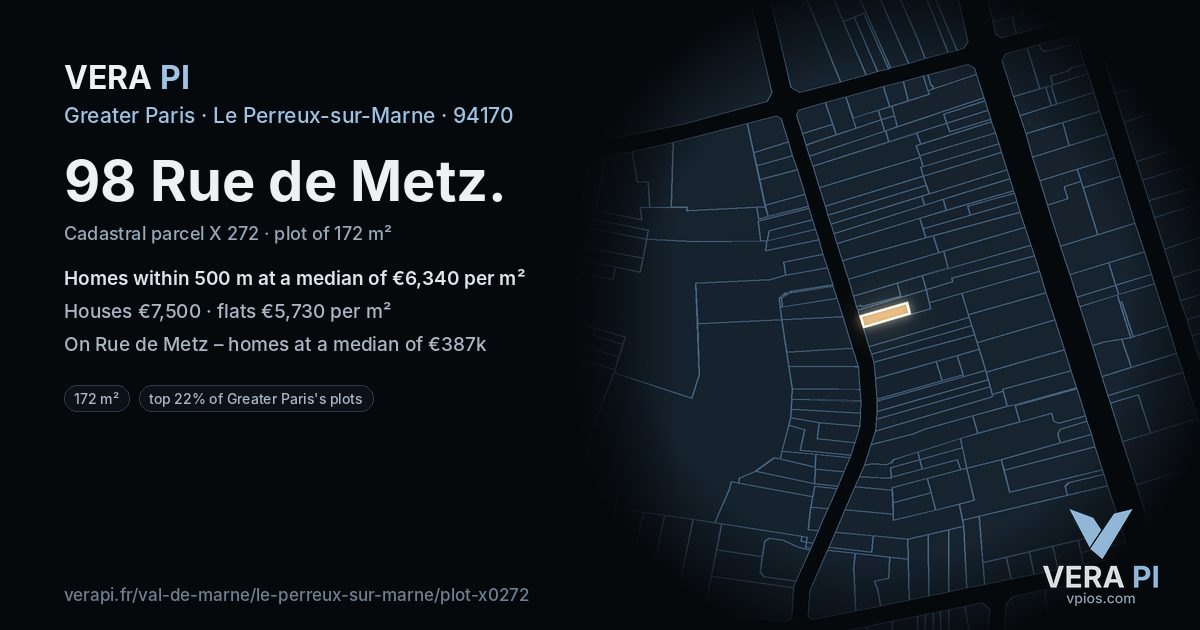 98 Rue de Metz, Le Perreux-sur-Marne at night – the plot lit, the parcels around coloured by the prices near them