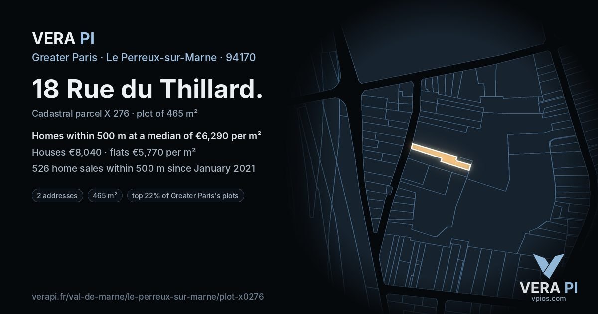 18 Rue du Thillard, Le Perreux-sur-Marne at night – the plot lit, the parcels around coloured by the prices near them
