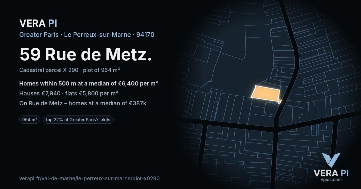 59 Rue de Metz, Le Perreux-sur-Marne at night – the plot lit, the parcels around coloured by the prices near them