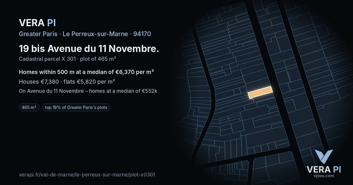 19 bis Avenue du 11 Novembre, Le Perreux-sur-Marne at night – the plot lit, the parcels around coloured by the prices near them