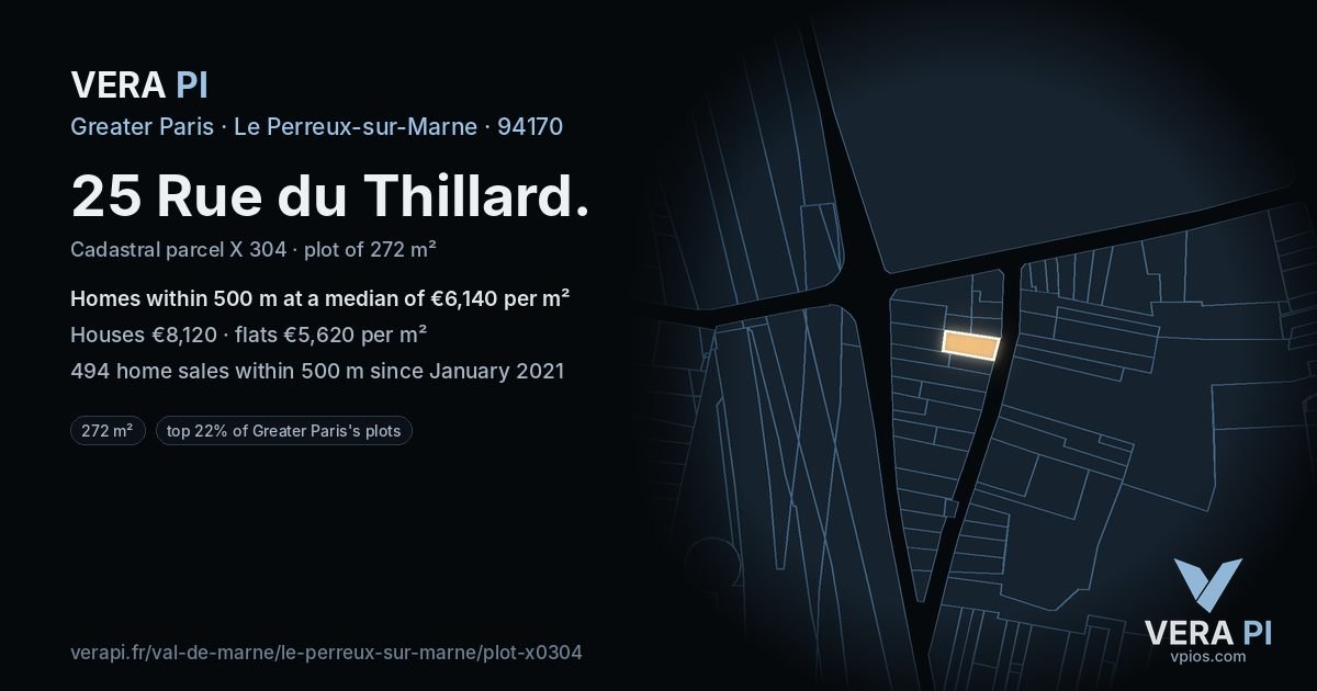 25 Rue du Thillard, Le Perreux-sur-Marne at night – the plot lit, the parcels around coloured by the prices near them