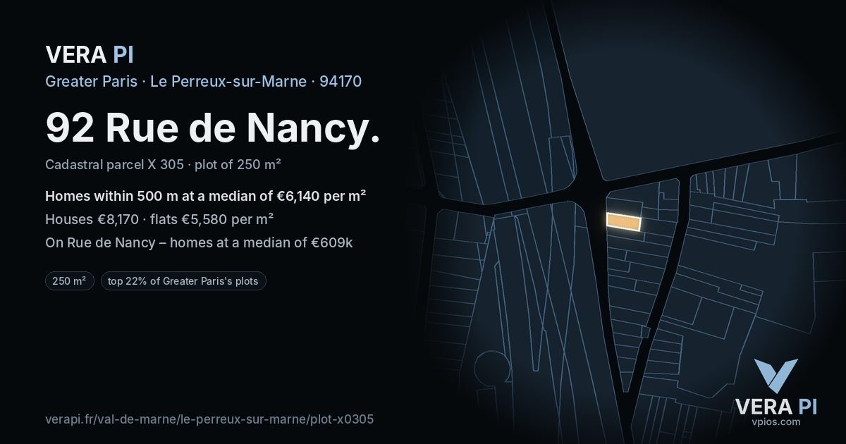 92 Rue de Nancy, Le Perreux-sur-Marne at night – the plot lit, the parcels around coloured by the prices near them