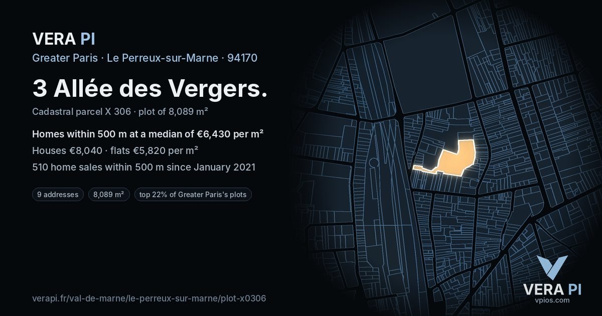 3 Allée des Vergers, Le Perreux-sur-Marne at night – the plot lit, the parcels around coloured by the prices near them