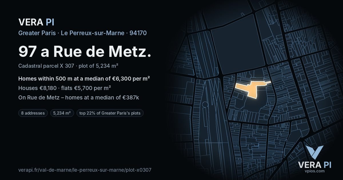97 a Rue de Metz, Le Perreux-sur-Marne at night – the plot lit, the parcels around coloured by the prices near them