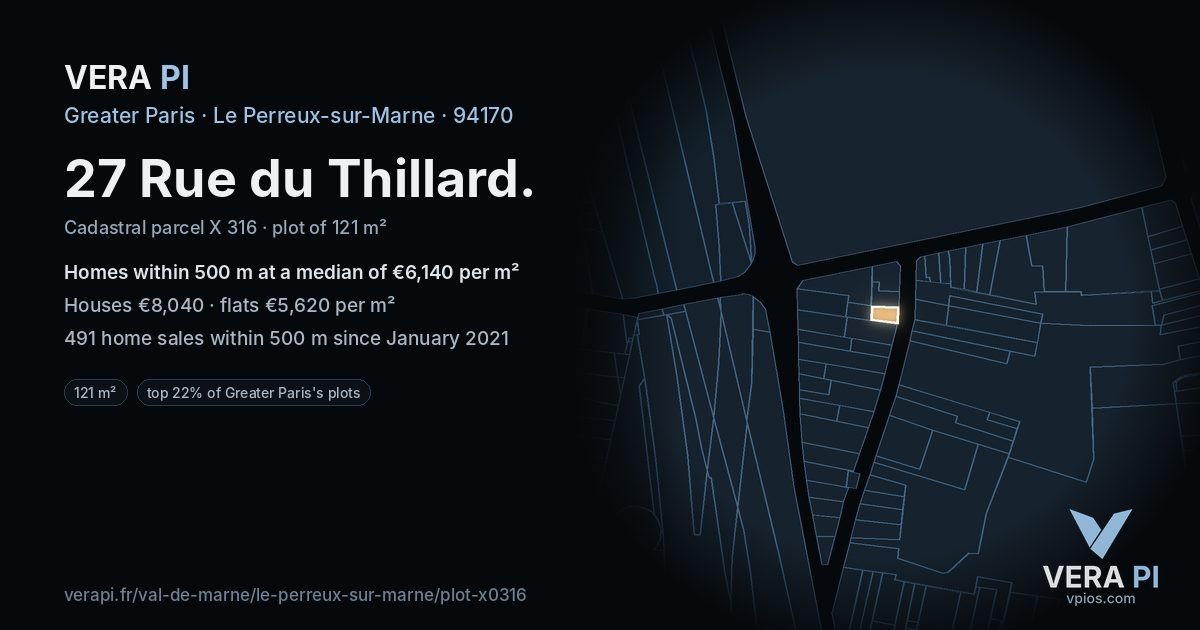 27 Rue du Thillard, Le Perreux-sur-Marne at night – the plot lit, the parcels around coloured by the prices near them