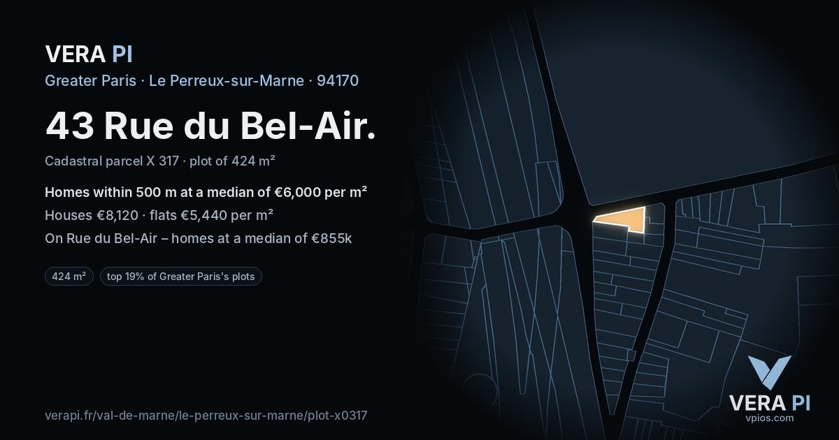 43 Rue du Bel-Air, Le Perreux-sur-Marne at night – the plot lit, the parcels around coloured by the prices near them