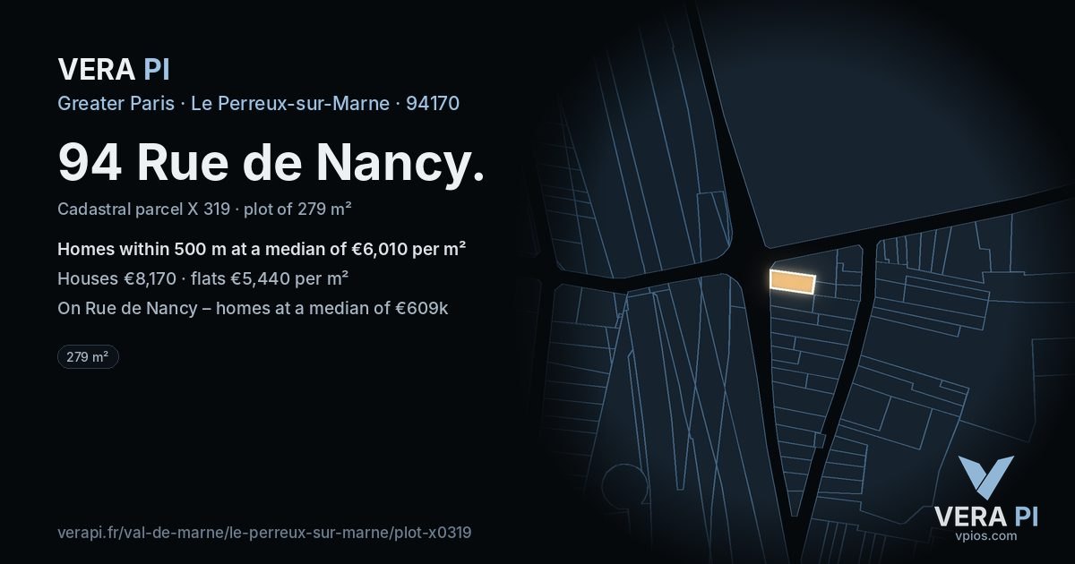 94 Rue de Nancy, Le Perreux-sur-Marne at night – the plot lit, the parcels around coloured by the prices near them
