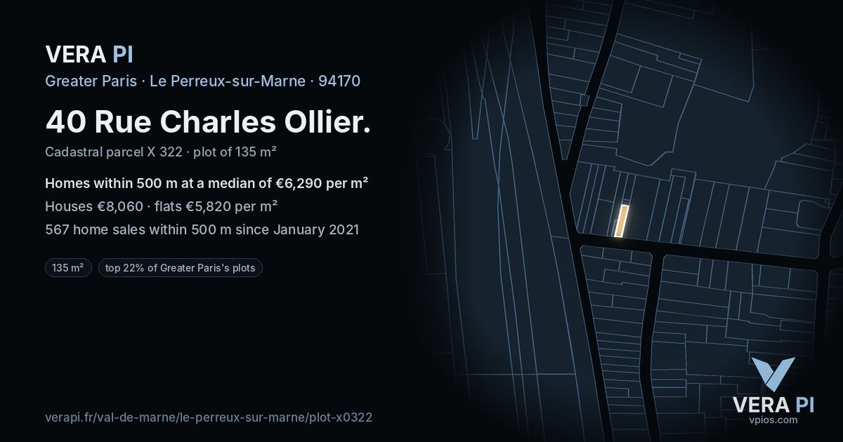 40 Rue Charles Ollier, Le Perreux-sur-Marne at night – the plot lit, the parcels around coloured by the prices near them