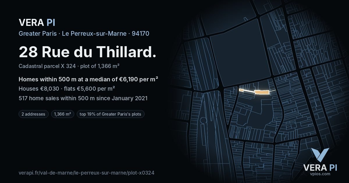 28 Rue du Thillard, Le Perreux-sur-Marne at night – the plot lit, the parcels around coloured by the prices near them