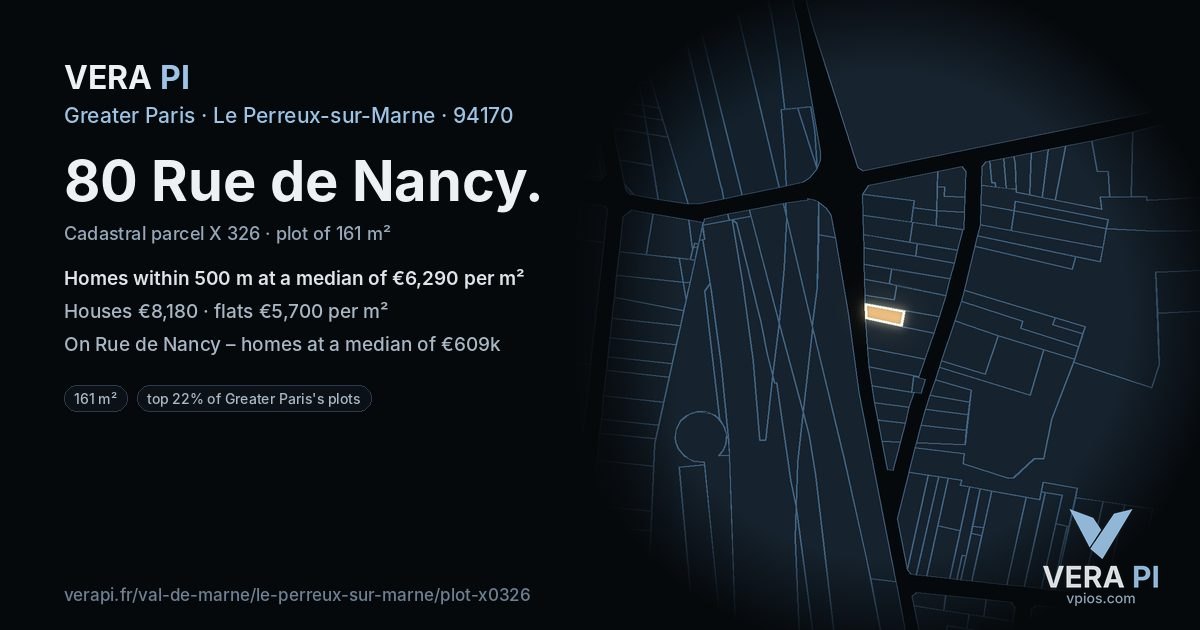 80 Rue de Nancy, Le Perreux-sur-Marne at night – the plot lit, the parcels around coloured by the prices near them