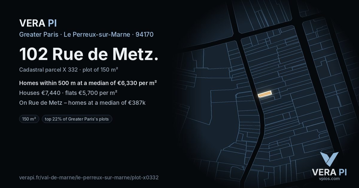 102 Rue de Metz, Le Perreux-sur-Marne at night – the plot lit, the parcels around coloured by the prices near them