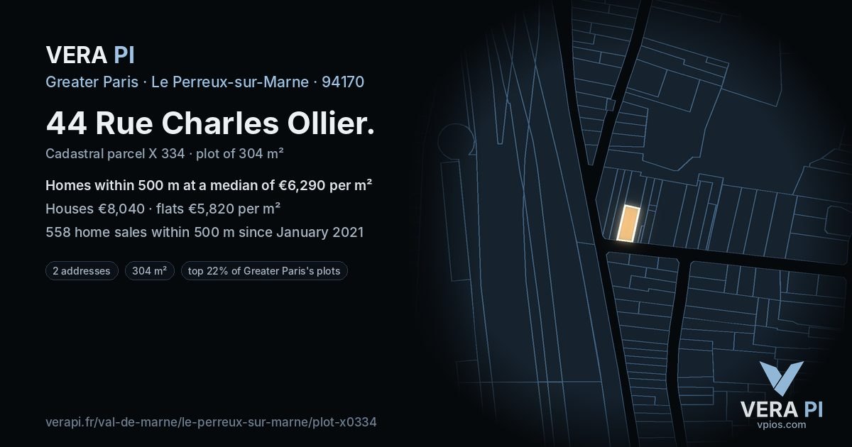 44 Rue Charles Ollier, Le Perreux-sur-Marne at night – the plot lit, the parcels around coloured by the prices near them