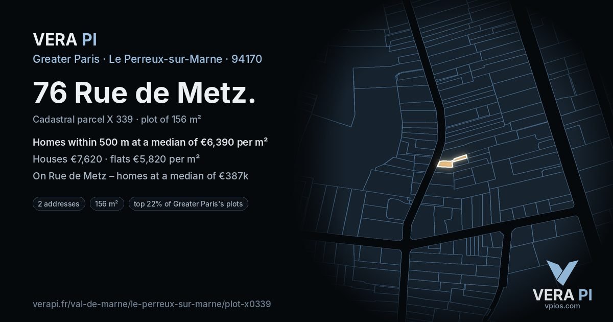 76 Rue de Metz, Le Perreux-sur-Marne at night – the plot lit, the parcels around coloured by the prices near them