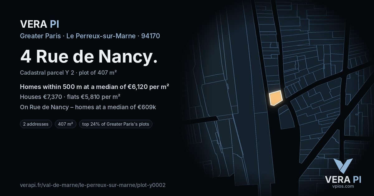 4 Rue de Nancy, Le Perreux-sur-Marne at night – the plot lit, the parcels around coloured by the prices near them