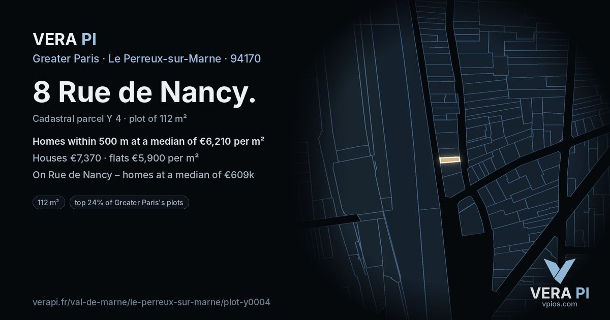 8 Rue de Nancy, Le Perreux-sur-Marne at night – the plot lit, the parcels around coloured by the prices near them