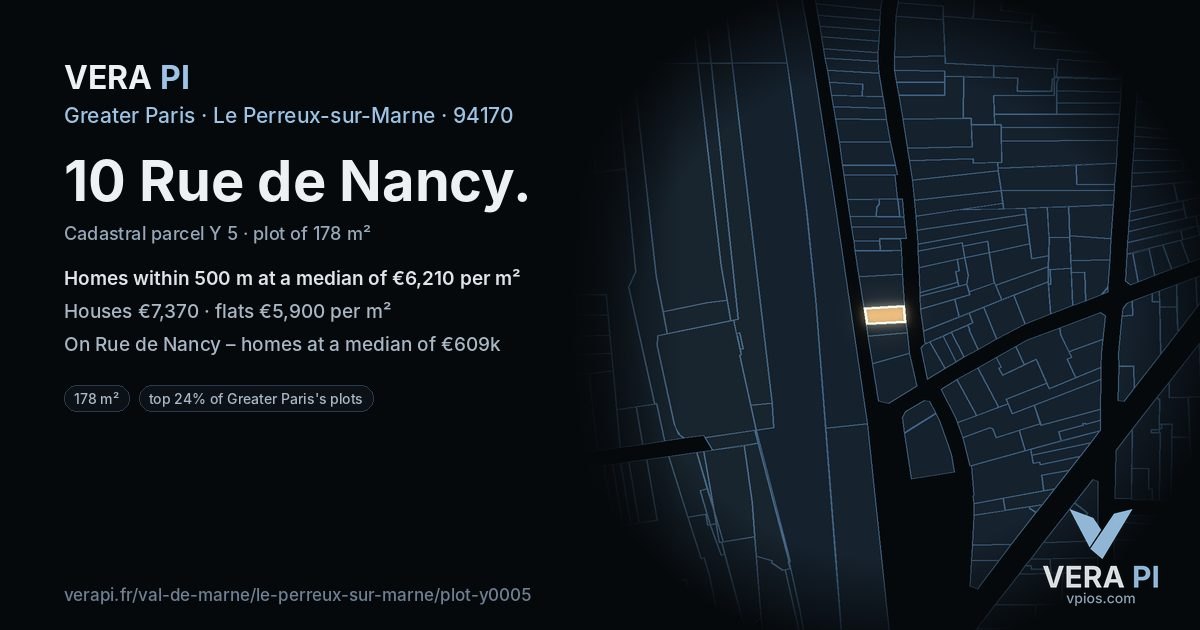 10 Rue de Nancy, Le Perreux-sur-Marne at night – the plot lit, the parcels around coloured by the prices near them