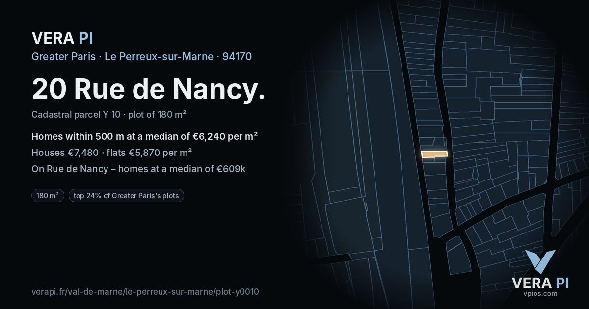 20 Rue de Nancy, Le Perreux-sur-Marne at night – the plot lit, the parcels around coloured by the prices near them