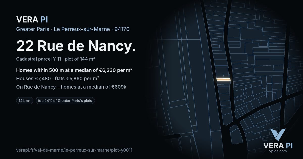 22 Rue de Nancy, Le Perreux-sur-Marne at night – the plot lit, the parcels around coloured by the prices near them