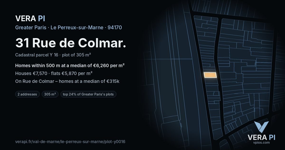 31 Rue de Colmar, Le Perreux-sur-Marne at night – the plot lit, the parcels around coloured by the prices near them