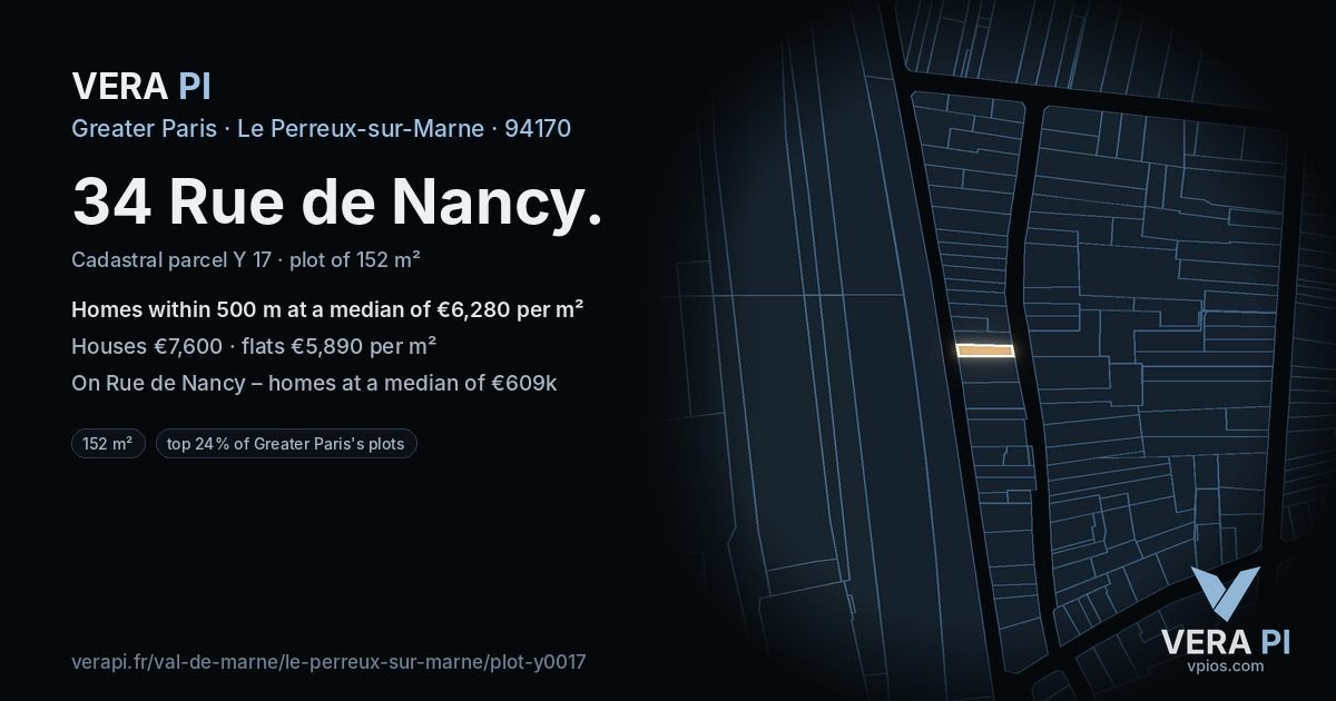 34 Rue de Nancy, Le Perreux-sur-Marne at night – the plot lit, the parcels around coloured by the prices near them