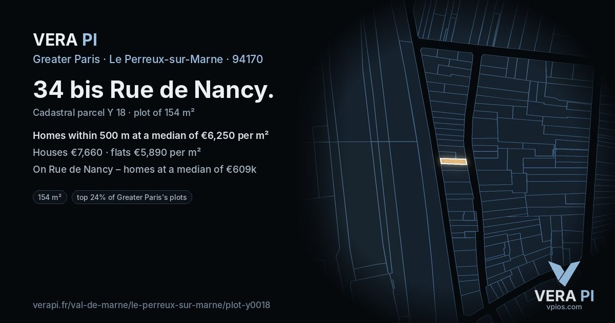 34 bis Rue de Nancy, Le Perreux-sur-Marne at night – the plot lit, the parcels around coloured by the prices near them