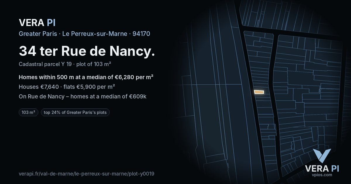 34 ter Rue de Nancy, Le Perreux-sur-Marne at night – the plot lit, the parcels around coloured by the prices near them