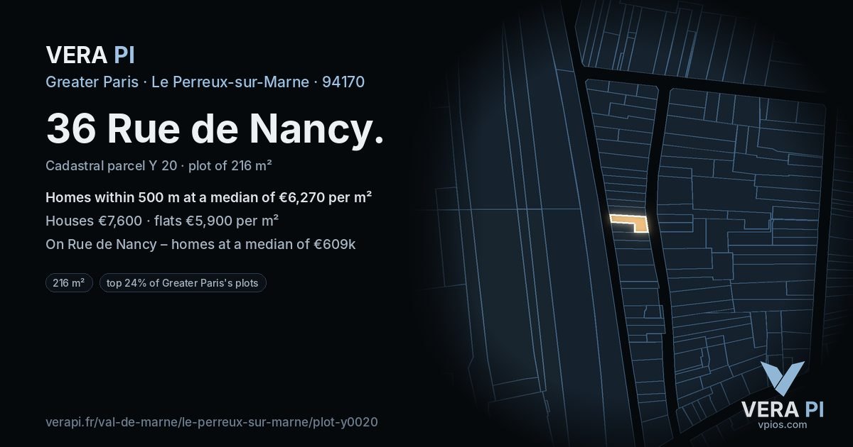 36 Rue de Nancy, Le Perreux-sur-Marne at night – the plot lit, the parcels around coloured by the prices near them