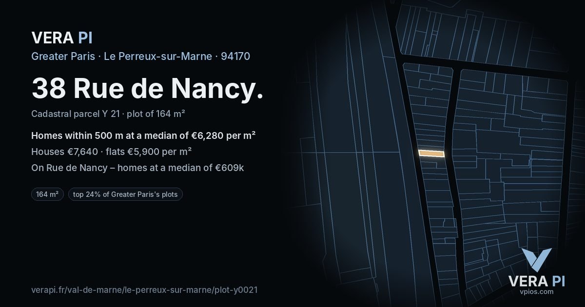 38 Rue de Nancy, Le Perreux-sur-Marne at night – the plot lit, the parcels around coloured by the prices near them