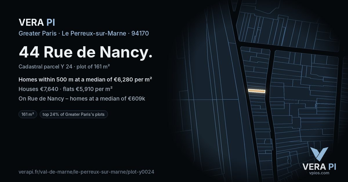 44 Rue de Nancy, Le Perreux-sur-Marne at night – the plot lit, the parcels around coloured by the prices near them