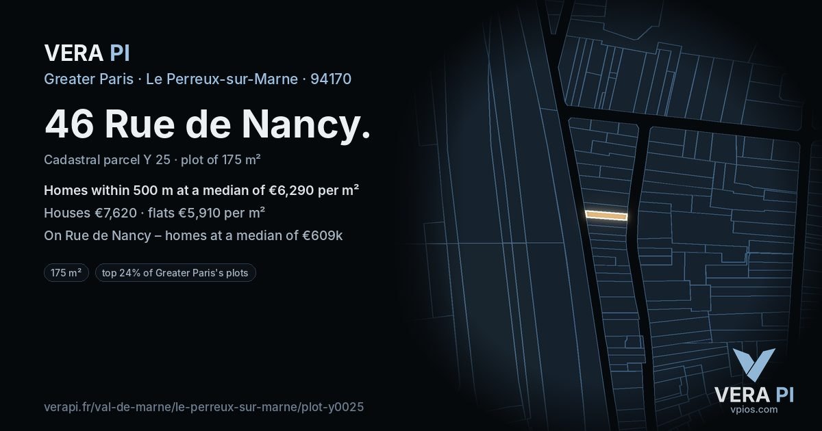 46 Rue de Nancy, Le Perreux-sur-Marne at night – the plot lit, the parcels around coloured by the prices near them