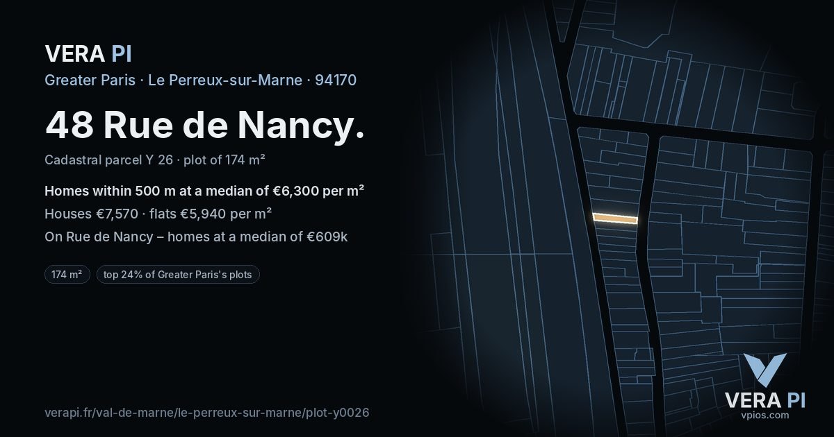 48 Rue de Nancy, Le Perreux-sur-Marne at night – the plot lit, the parcels around coloured by the prices near them