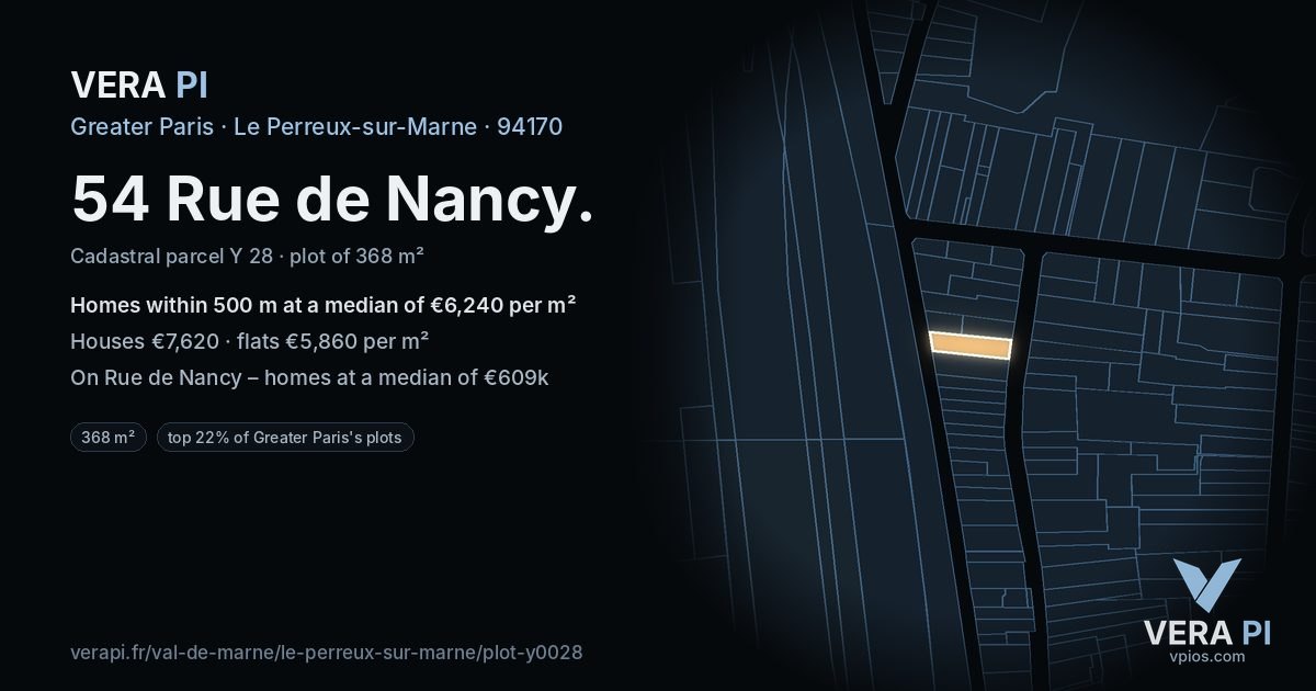 54 Rue de Nancy, Le Perreux-sur-Marne at night – the plot lit, the parcels around coloured by the prices near them
