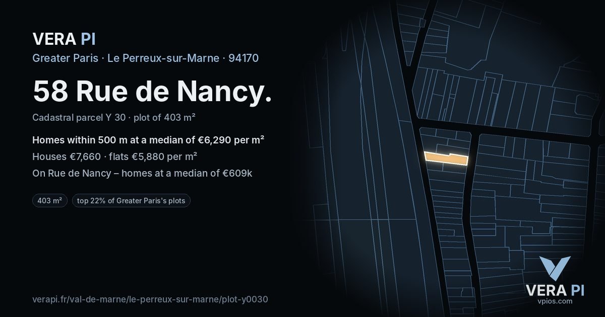 58 Rue de Nancy, Le Perreux-sur-Marne at night – the plot lit, the parcels around coloured by the prices near them