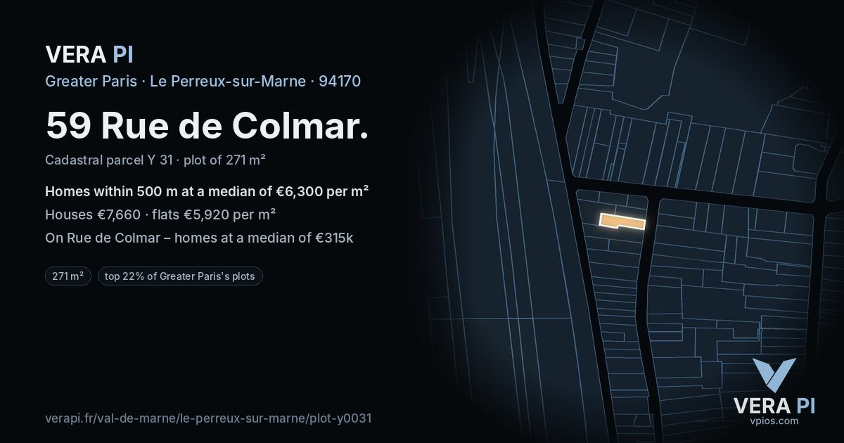 59 Rue de Colmar, Le Perreux-sur-Marne at night – the plot lit, the parcels around coloured by the prices near them