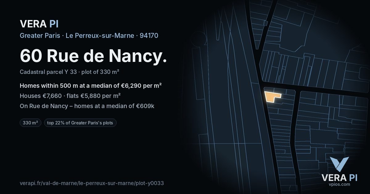 60 Rue de Nancy, Le Perreux-sur-Marne at night – the plot lit, the parcels around coloured by the prices near them