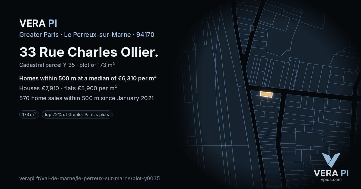 33 Rue Charles Ollier, Le Perreux-sur-Marne at night – the plot lit, the parcels around coloured by the prices near them