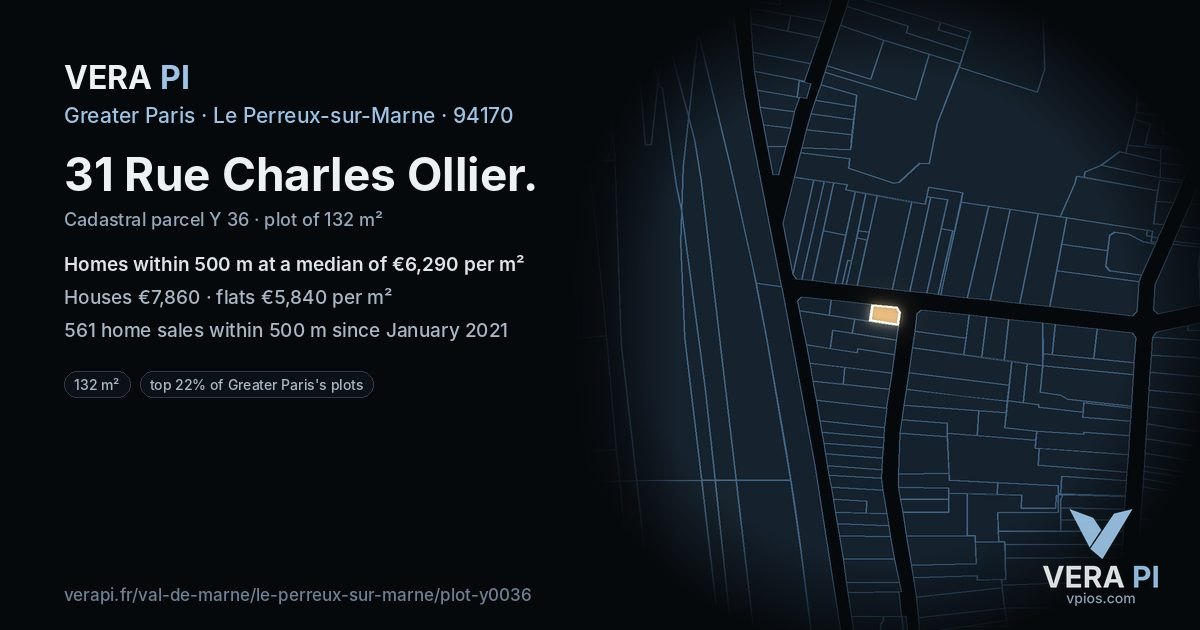 31 Rue Charles Ollier, Le Perreux-sur-Marne at night – the plot lit, the parcels around coloured by the prices near them