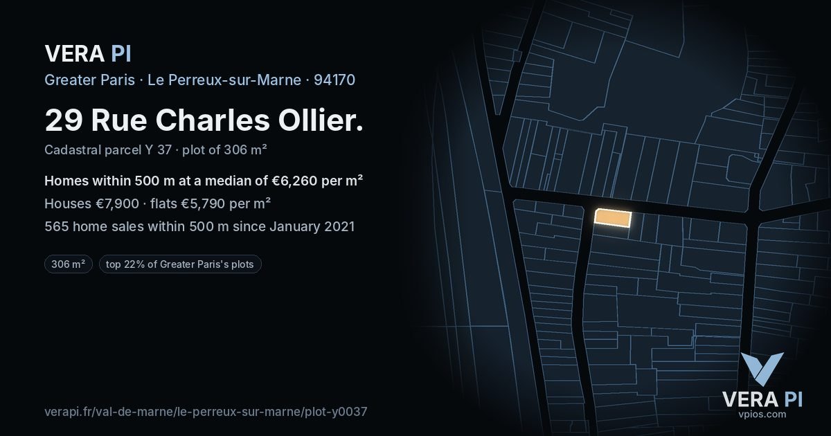 29 Rue Charles Ollier, Le Perreux-sur-Marne at night – the plot lit, the parcels around coloured by the prices near them