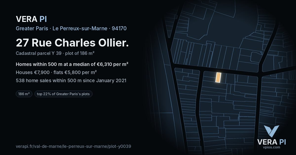 27 Rue Charles Ollier, Le Perreux-sur-Marne at night – the plot lit, the parcels around coloured by the prices near them