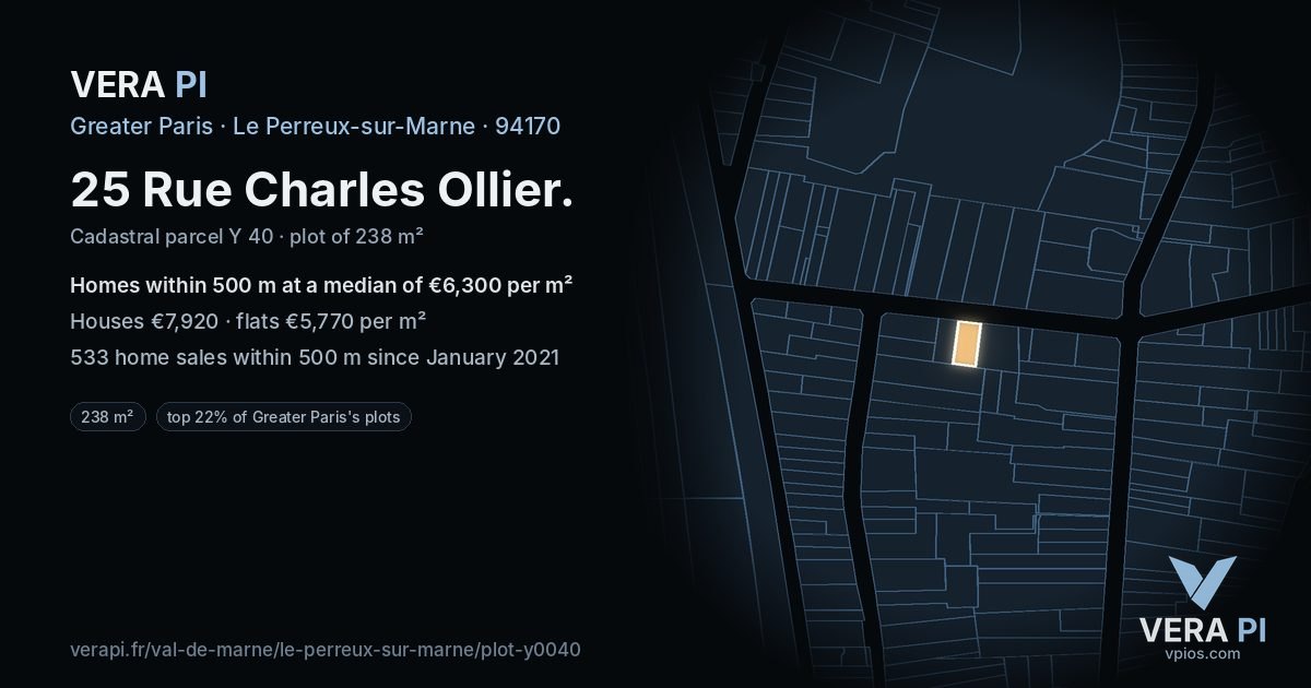 25 Rue Charles Ollier, Le Perreux-sur-Marne at night – the plot lit, the parcels around coloured by the prices near them