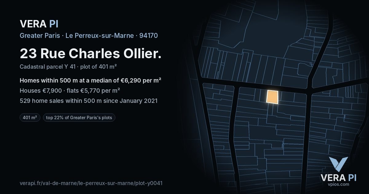 23 Rue Charles Ollier, Le Perreux-sur-Marne at night – the plot lit, the parcels around coloured by the prices near them