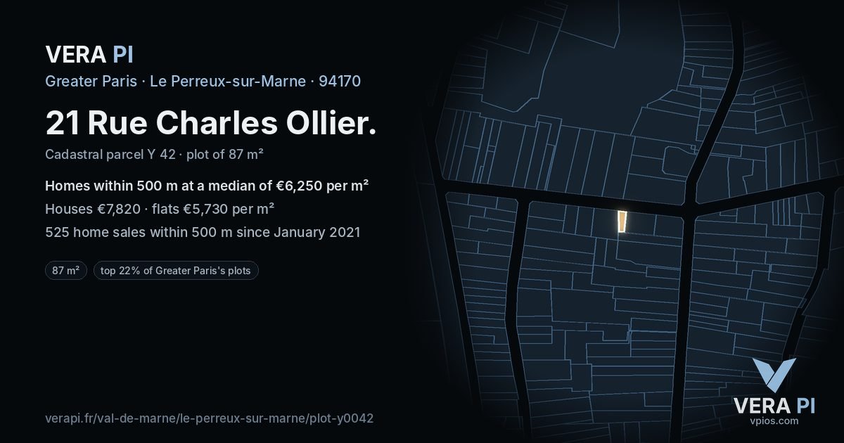 21 Rue Charles Ollier, Le Perreux-sur-Marne at night – the plot lit, the parcels around coloured by the prices near them