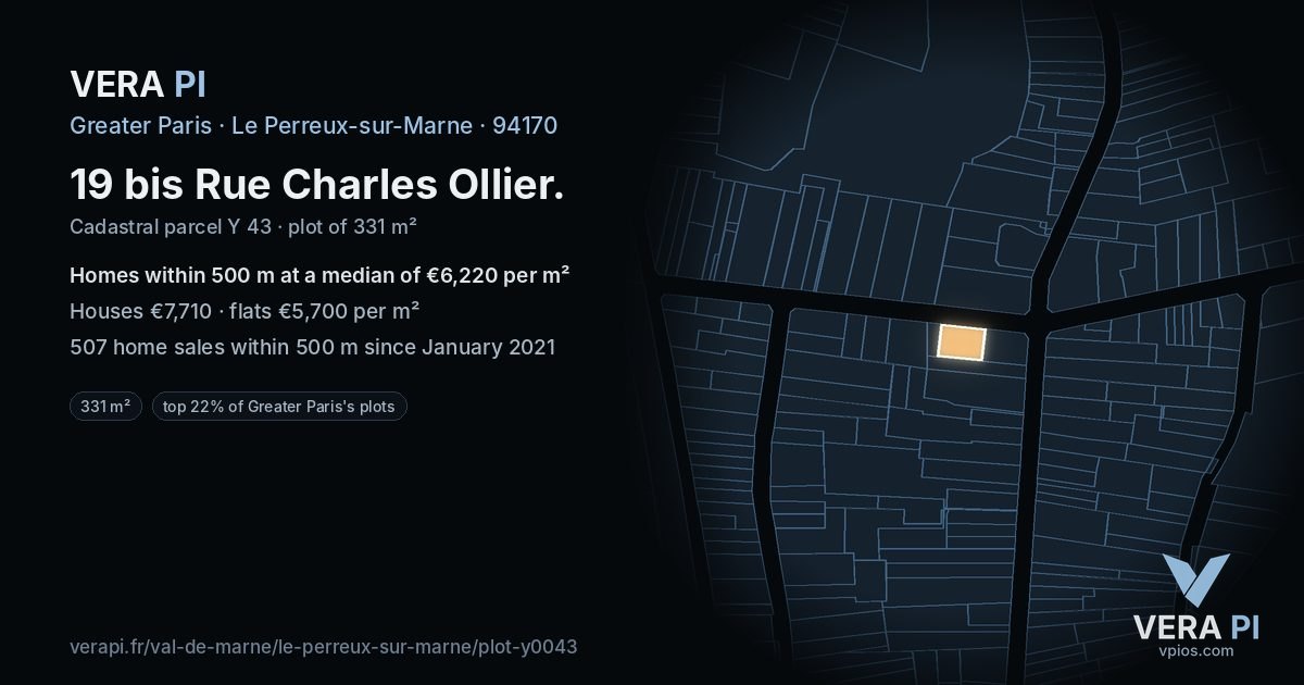 19 bis Rue Charles Ollier, Le Perreux-sur-Marne at night – the plot lit, the parcels around coloured by the prices near them