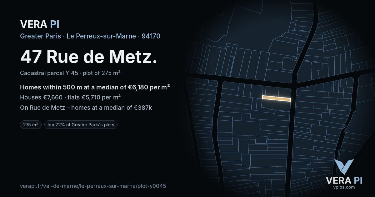 47 Rue de Metz, Le Perreux-sur-Marne at night – the plot lit, the parcels around coloured by the prices near them