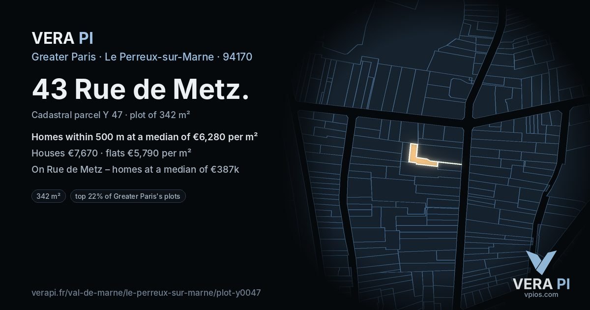 43 Rue de Metz, Le Perreux-sur-Marne at night – the plot lit, the parcels around coloured by the prices near them